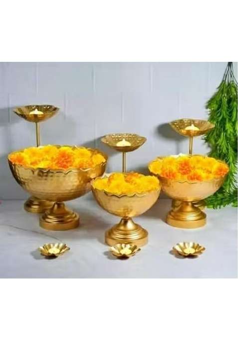 Golden Urli Bowl Set with Diya Stand Decorative Puja Urli