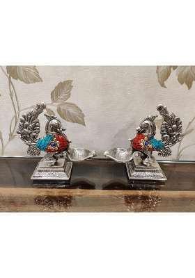 Mishita Collections German Silver Peacock Diya Pair with Precious Stone Carving Work Pcs Size Hxbxl Set of 2