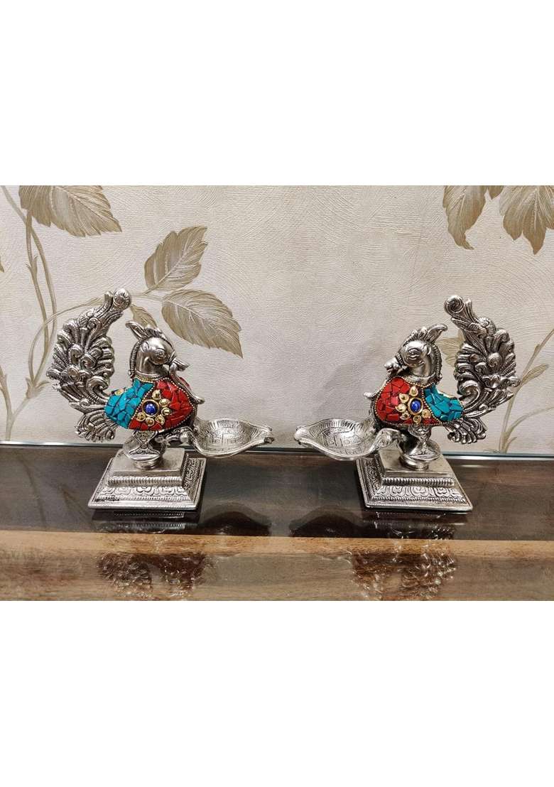 Mishita Collections German Silver Peacock Diya Pair with Precious Stone Carving Work Pcs Size Hxbxl Set of 2 - Indya