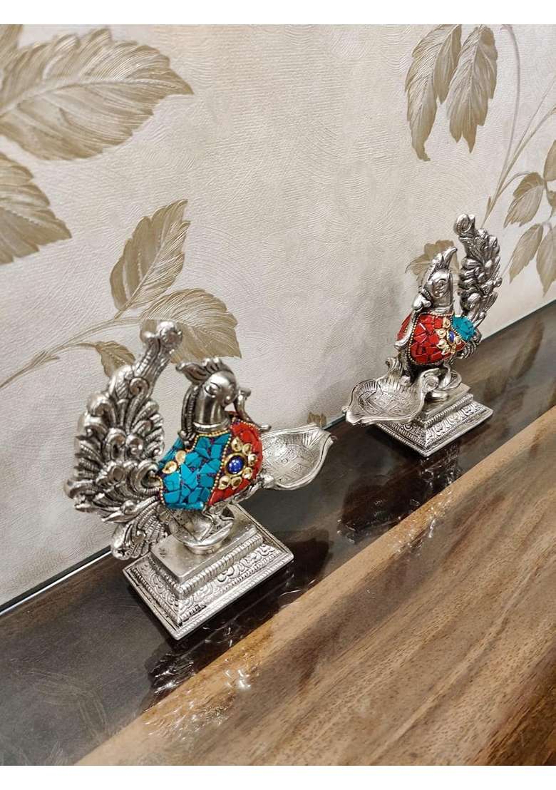 Mishita Collections German Silver Peacock Diya Pair with Precious Stone Carving Work Pcs Size Hxbxl Set of 2 - Indya