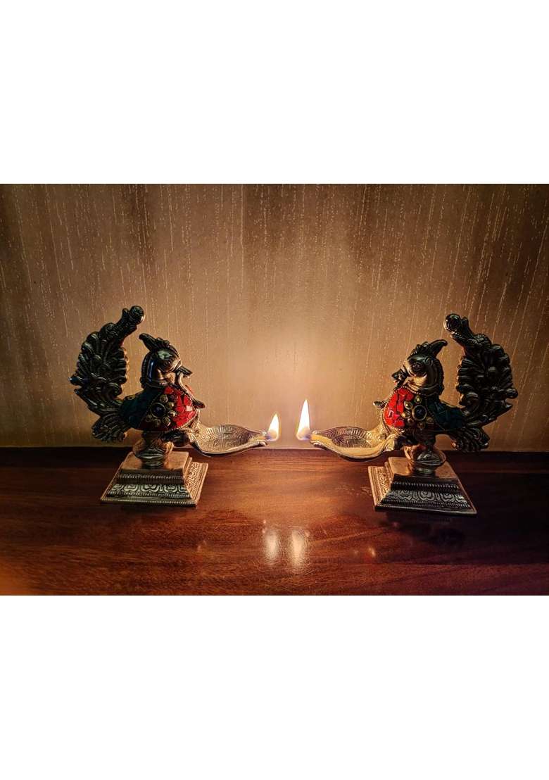 Mishita Collections German Silver Peacock Diya Pair with Precious Stone Carving Work Pcs Size Hxbxl Set of 2 - Indya