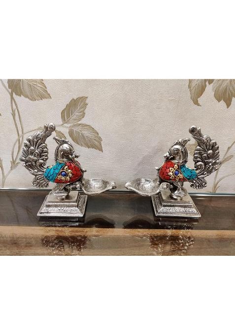 Mishita Collections German Silver Peacock Diya Pair with Precious Stone Carving Work Pcs Size Hxbxl Set of 2