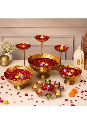 With Candle Stands Urli Tealights and Oil Diya Brass Toned Iron Diwali Pooja Home Festival Office Set of 9