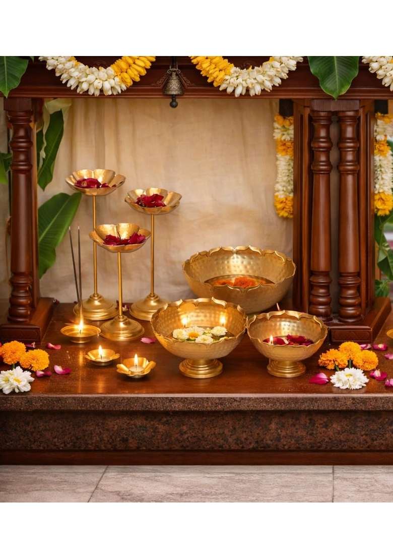 With Candle Stands Urli Tealights and Oil Diya Brass Toned Iron Diwali Pooja Home Festival Office Set of 9 - Indya