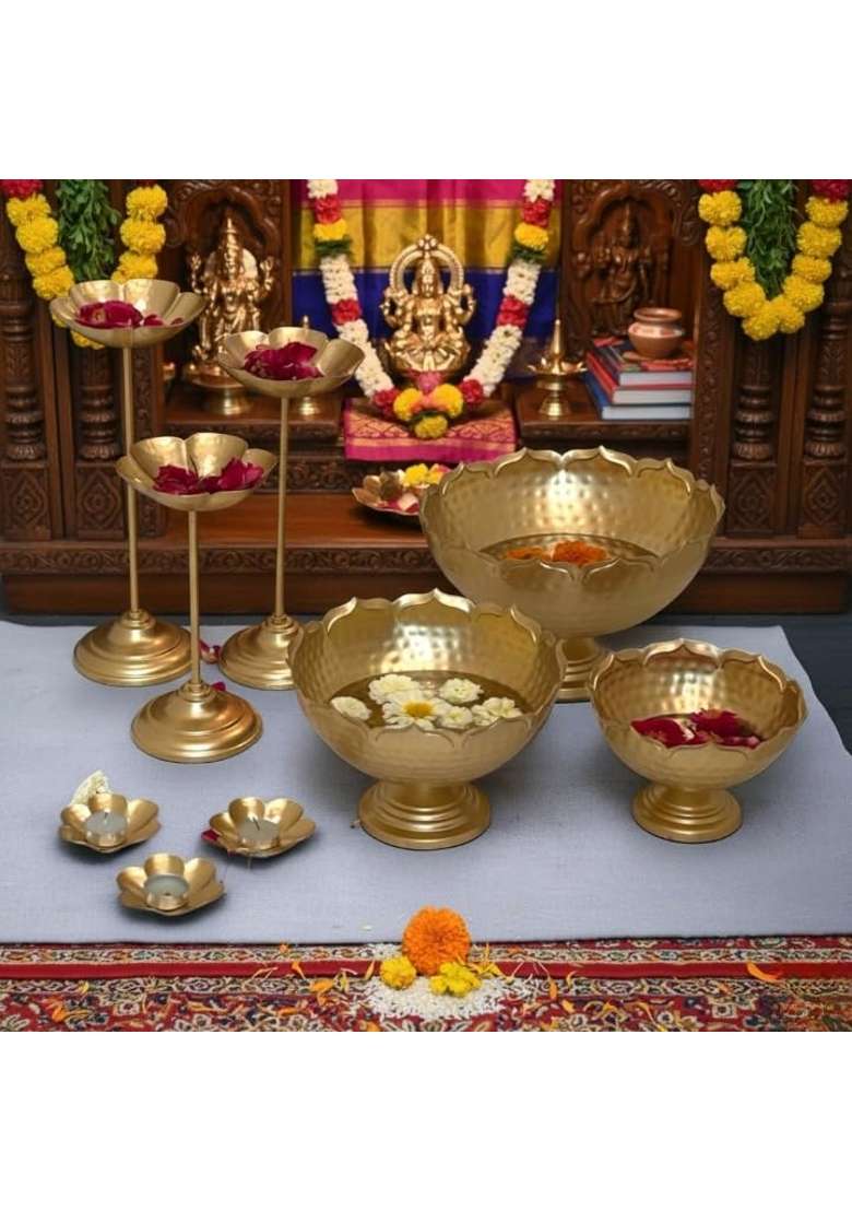 With Candle Stands Urli Tealights and Oil Diya Brass Toned Iron Diwali Pooja Home Festival Office Set of 9 - Indya