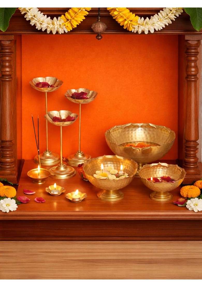 With Candle Stands Urli Tealights and Oil Diya Brass Toned Iron Diwali Pooja Home Festival Office Set of 9 - Indya
