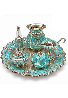 Aura and Hues German Silver Pooja Thali Set Premium Turquoise Puja Set with Kalash Diya and Containers