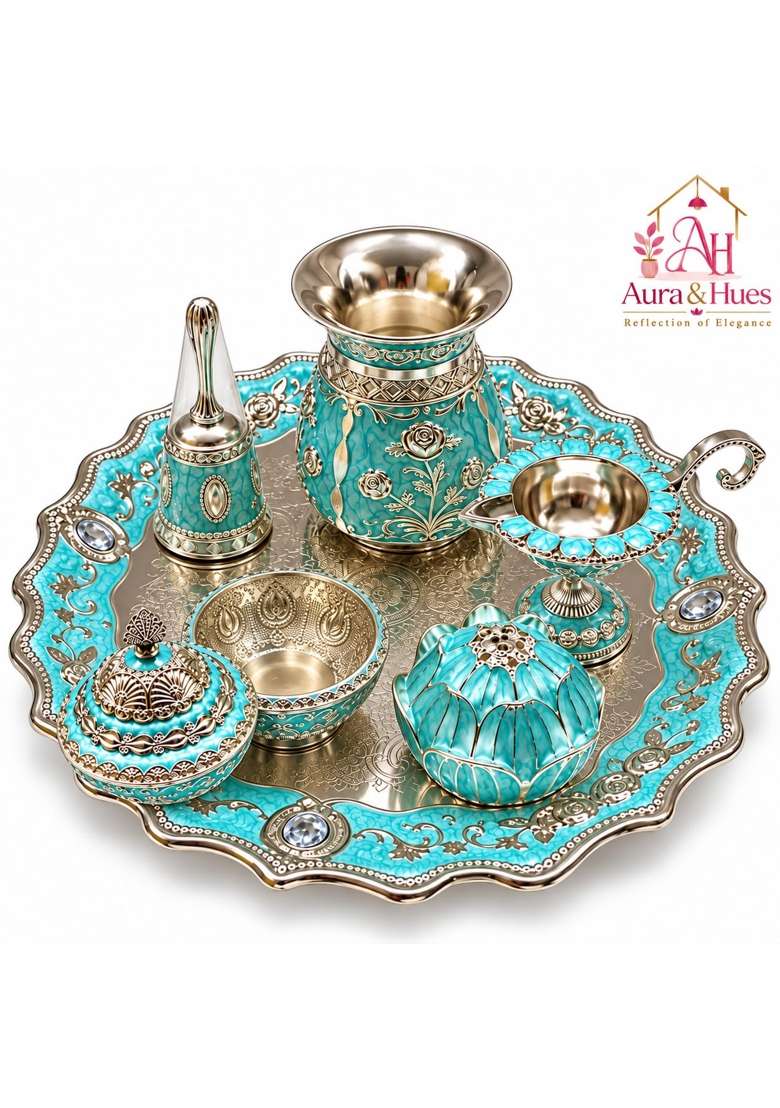 Aura and Hues German Silver Pooja Thali Set Premium Turquoise Puja Set with Kalash Diya and Containers - Indya