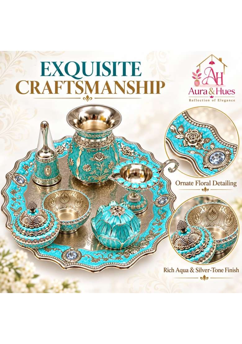 Aura and Hues German Silver Pooja Thali Set Premium Turquoise Puja Set with Kalash Diya and Containers - Indya