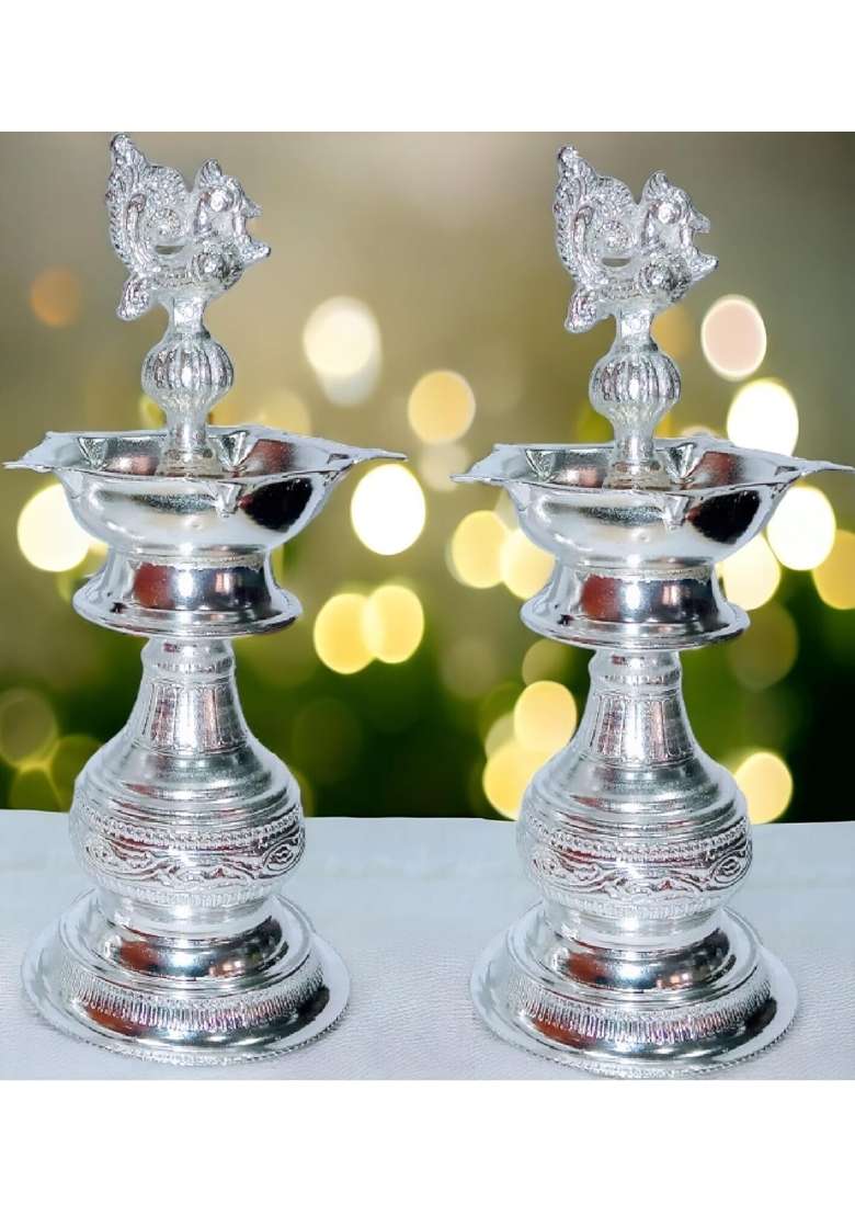 German Silver Peacock Handle Diya Stand 18 CM 7 Inch Traditional Temple Pooja Samai Set of 2 - Indya