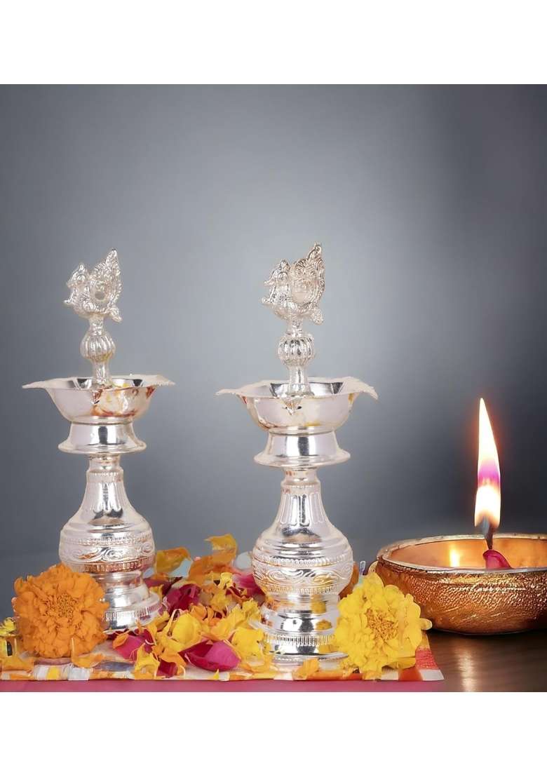 German Silver Peacock Handle Diya Stand 18 CM 7 Inch Traditional Temple Pooja Samai Set of 2 - Indya