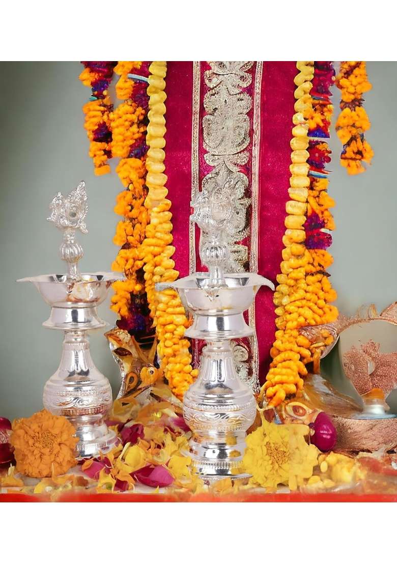 German Silver Peacock Handle Diya Stand 18 CM 7 Inch Traditional Temple Pooja Samai Set of 2 - Indya