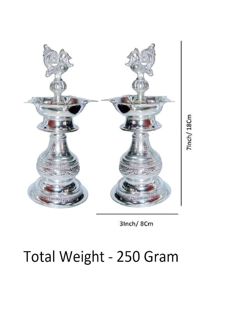 German Silver Peacock Handle Diya Stand 18 CM 7 Inch Traditional Temple Pooja Samai Set of 2 - Indya
