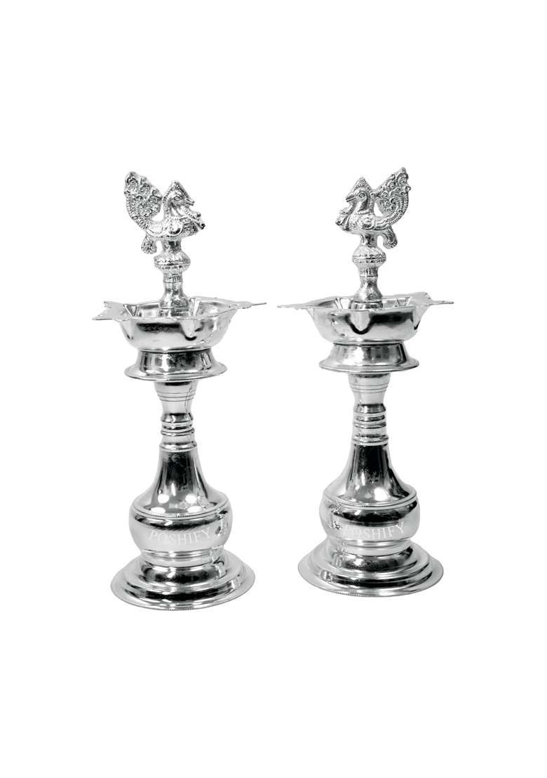 Poshify German Silver Big Diya Pooja Home Decor Meditation Yoga Silverware Diwali Decorations Set of 2 - Indya