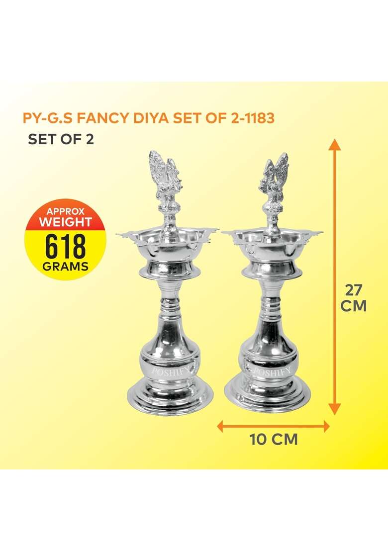 Poshify German Silver Big Diya Pooja Home Decor Meditation Yoga Silverware Diwali Decorations Set of 2 - Indya