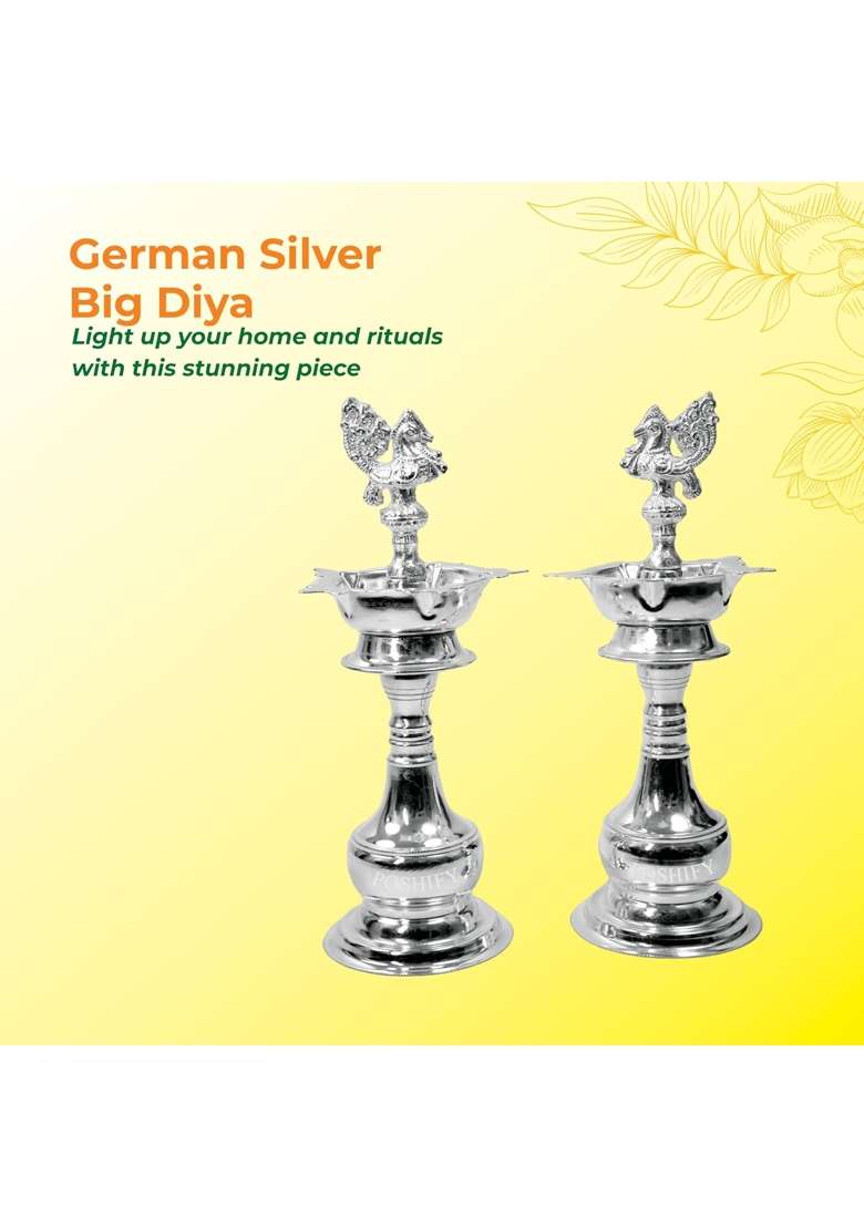 Poshify German Silver Big Diya Pooja Home Decor Meditation Yoga Silverware Diwali Decorations Set of 2 - Indya