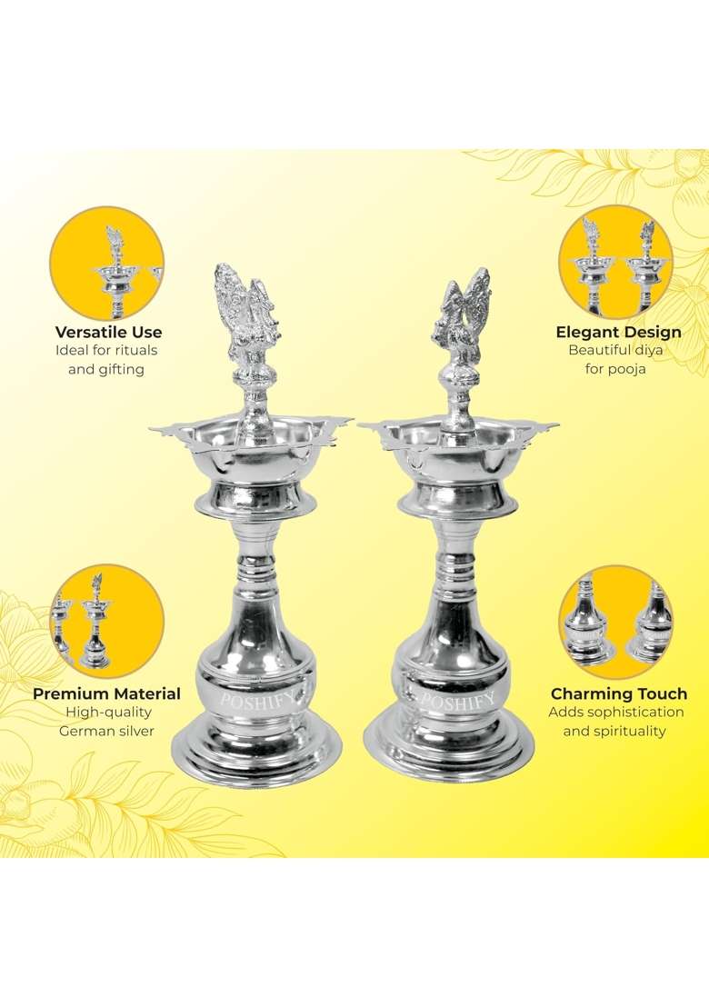 Poshify German Silver Big Diya Pooja Home Decor Meditation Yoga Silverware Diwali Decorations Set of 2 - Indya