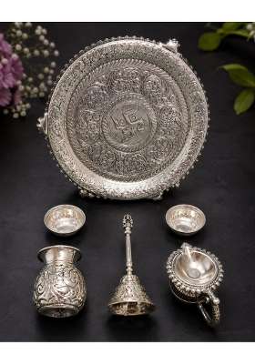 Kalakriti Creation Silver Plated Pooja Thali Set with Engraved Swastik Design Decorative Puja Plate with Lota