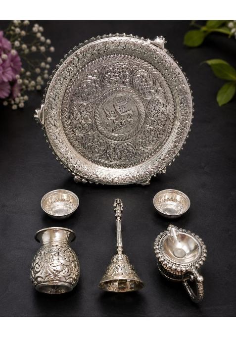 Kalakriti Creation Silver Plated Pooja Thali Set with Engraved Swastik Design Decorative Puja Plate with Lota
