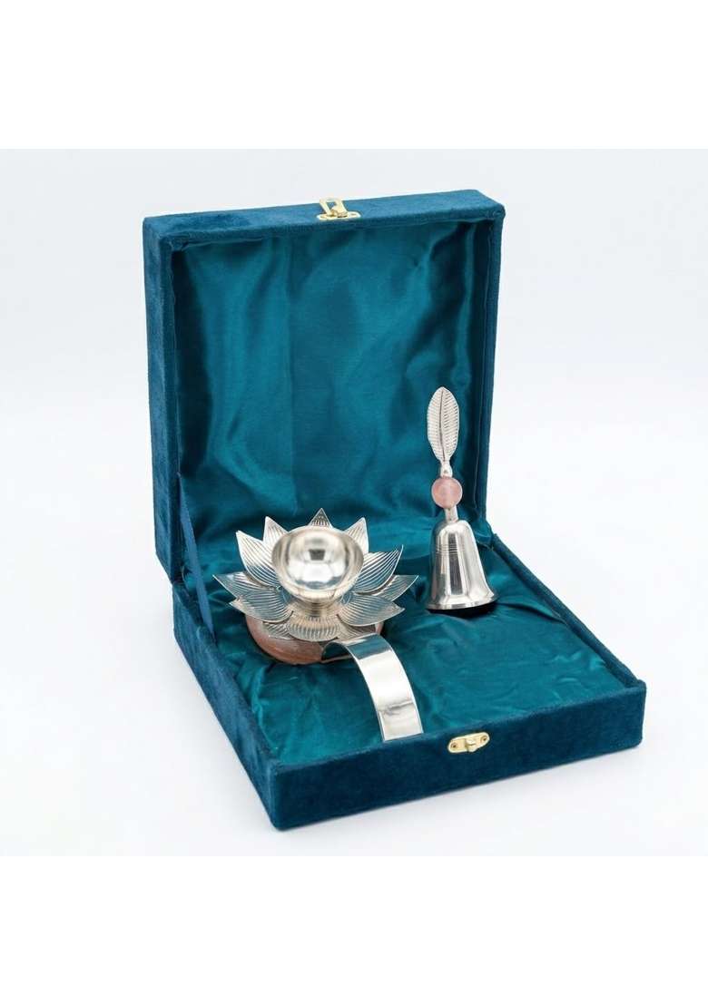 3P Homes Innovate Lotus Diya with Bell in Velvet Box German Silver Decorative Pooja Diya Set with Hand Bell - Indya