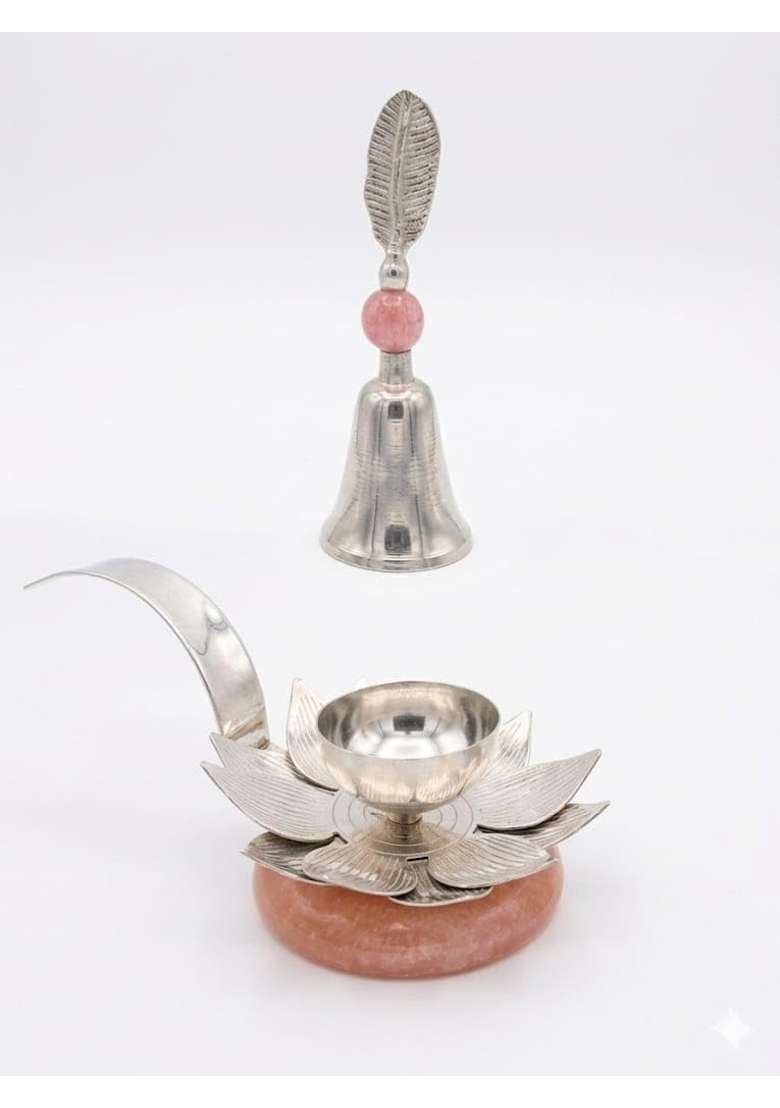 3P Homes Innovate Lotus Diya with Bell in Velvet Box German Silver Decorative Pooja Diya Set with Hand Bell - Indya