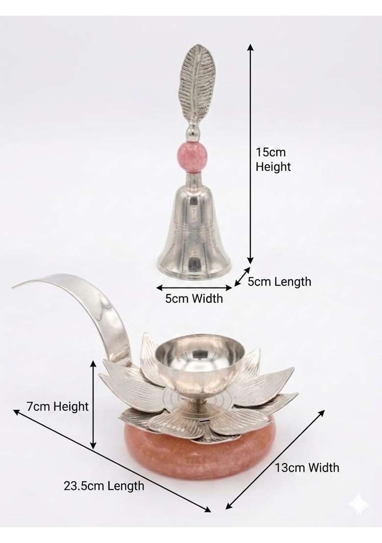 3P Homes Innovate Lotus Diya with Bell in Velvet Box German Silver Decorative Pooja Diya Set with Hand Bell - Indya
