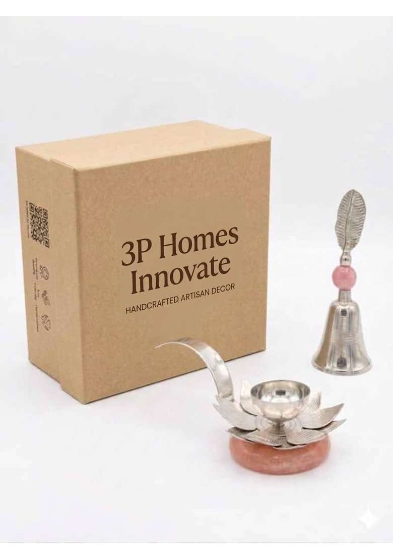 3P Homes Innovate Lotus Diya with Bell in Velvet Box German Silver Decorative Pooja Diya Set with Hand Bell - Indya
