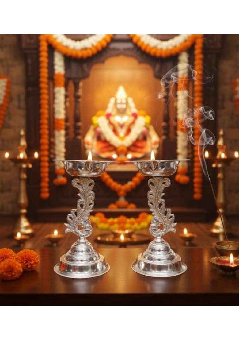 Shiv Home World Traditional German Silver Pooja Diya Set Decorative Peacock Design 19CM Height Pack of 2 - Indya