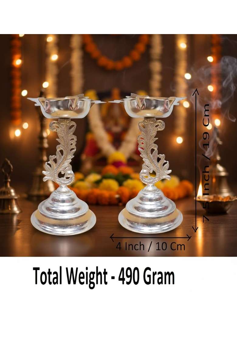 Shiv Home World Traditional German Silver Pooja Diya Set Decorative Peacock Design 19CM Height Pack of 2 - Indya