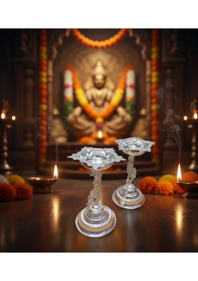 Shiv Home World Traditional German Silver Pooja Diya Set Decorative Peacock Design 19CM Height Pack of 2 - Indya