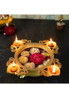 Jaszz Art Golden Brass 4 Diya Urli Bowl 9 Point 8IN Long 1 Point 45 KG Home Decor