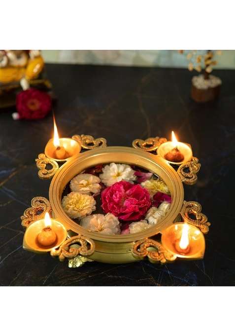 Jaszz Art Golden Brass 4 Diya Urli Bowl 9 Point 8IN Long 1 Point 45 KG Home Decor