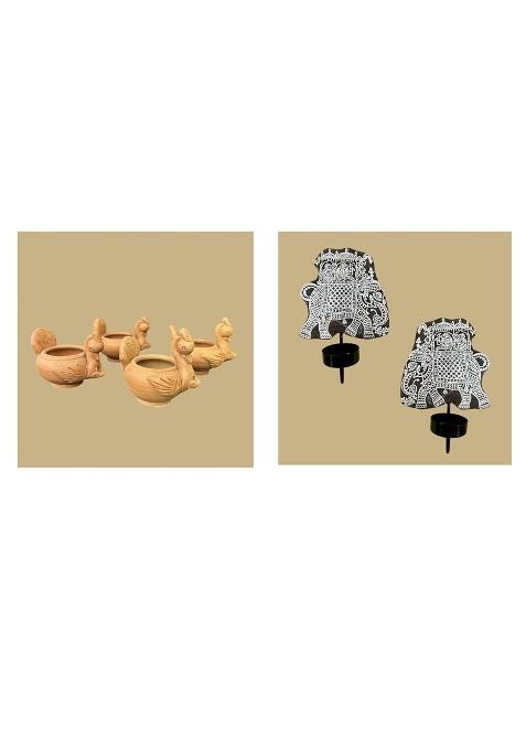Terracotta Peacock Elephant Diya Combo for Pooja Decor Set of 6