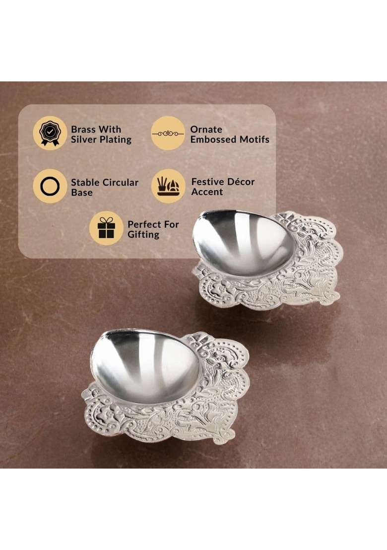 Nestasia Silver Plated Brass Diya for Aarti Floral Etched Design Pooja Deepak with Gift Box Set of 2 - Indya