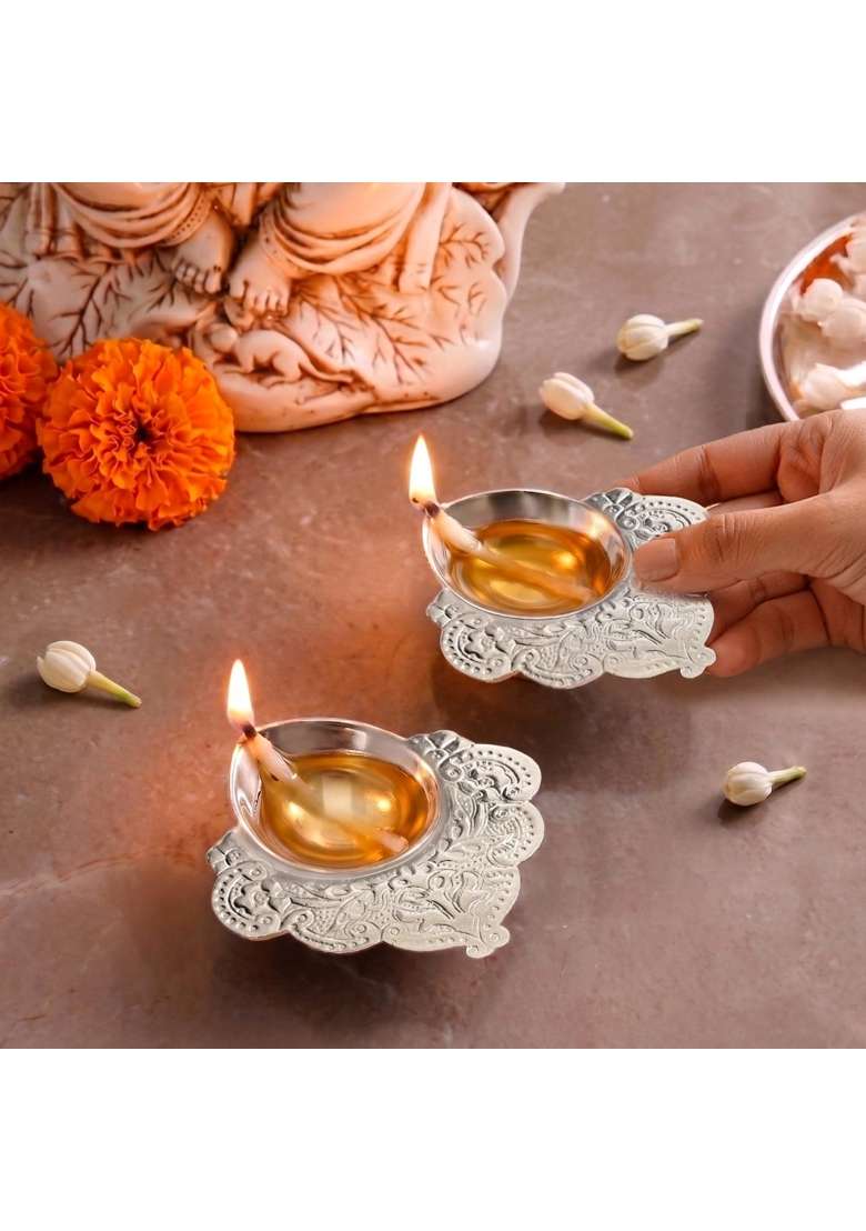 Nestasia Silver Plated Brass Diya for Aarti Floral Etched Design Pooja Deepak with Gift Box Set of 2 - Indya