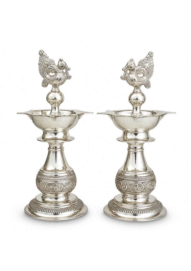 Sgr Handicrafts German Silver Big Diya 12 Inch Set of 2 - Indya