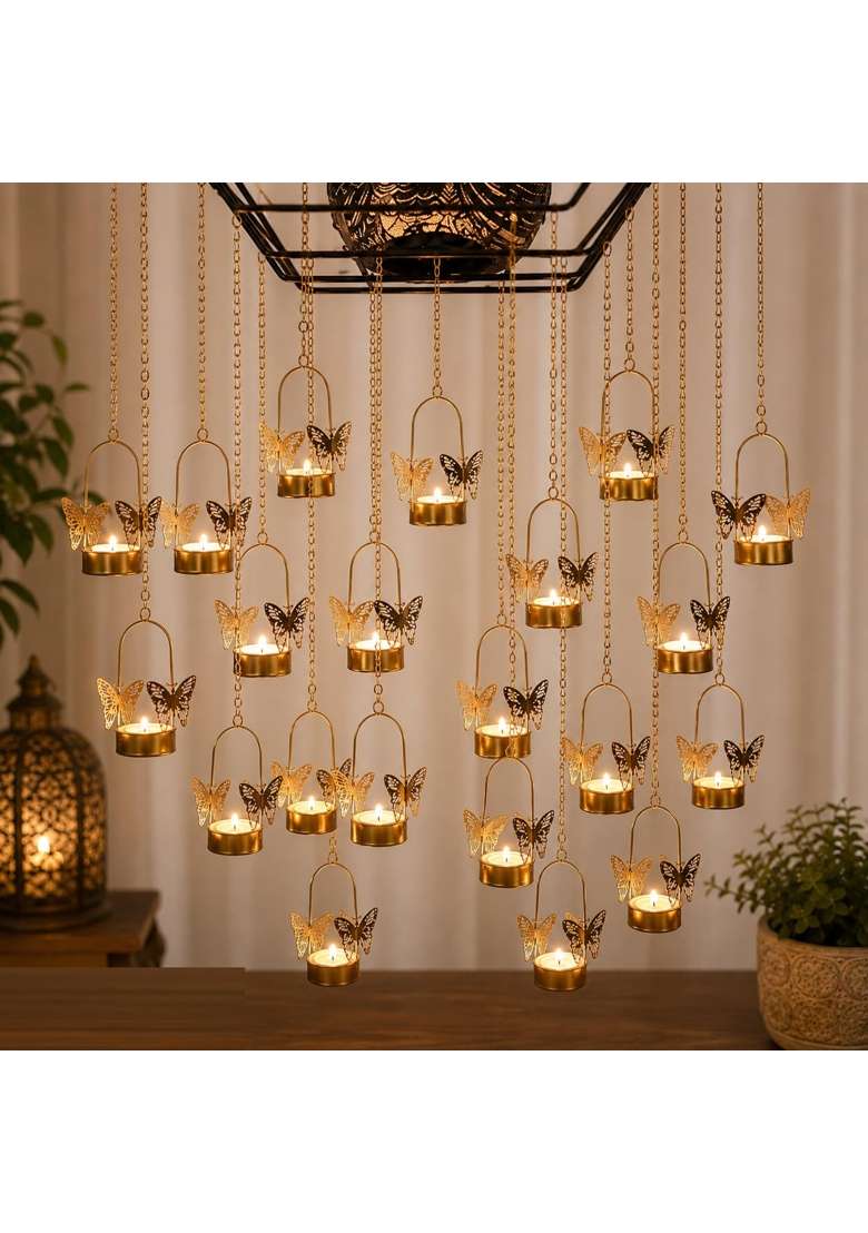 Easyera Butterfly Hanging Candle Holder with Chain Set Fo 24 Decorative Jhumar Lantern for Tealight Candle - Indya
