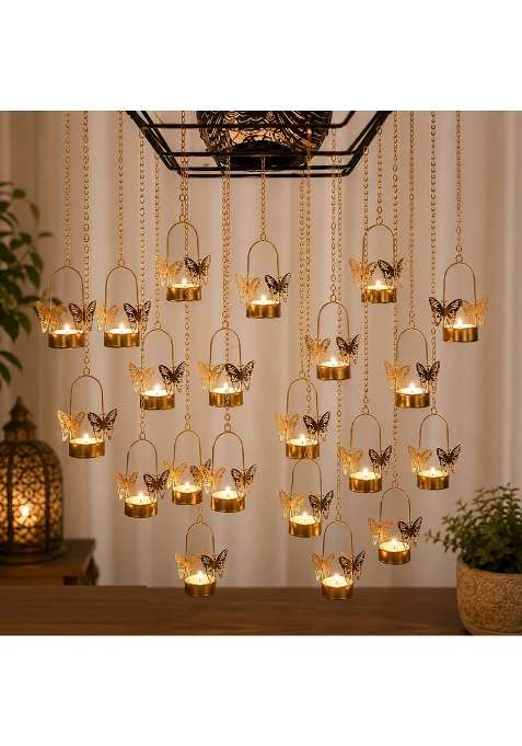 Easyera Butterfly Hanging Candle Holder with Chain Set Fo 24 Decorative Jhumar Lantern for Tealight Candle