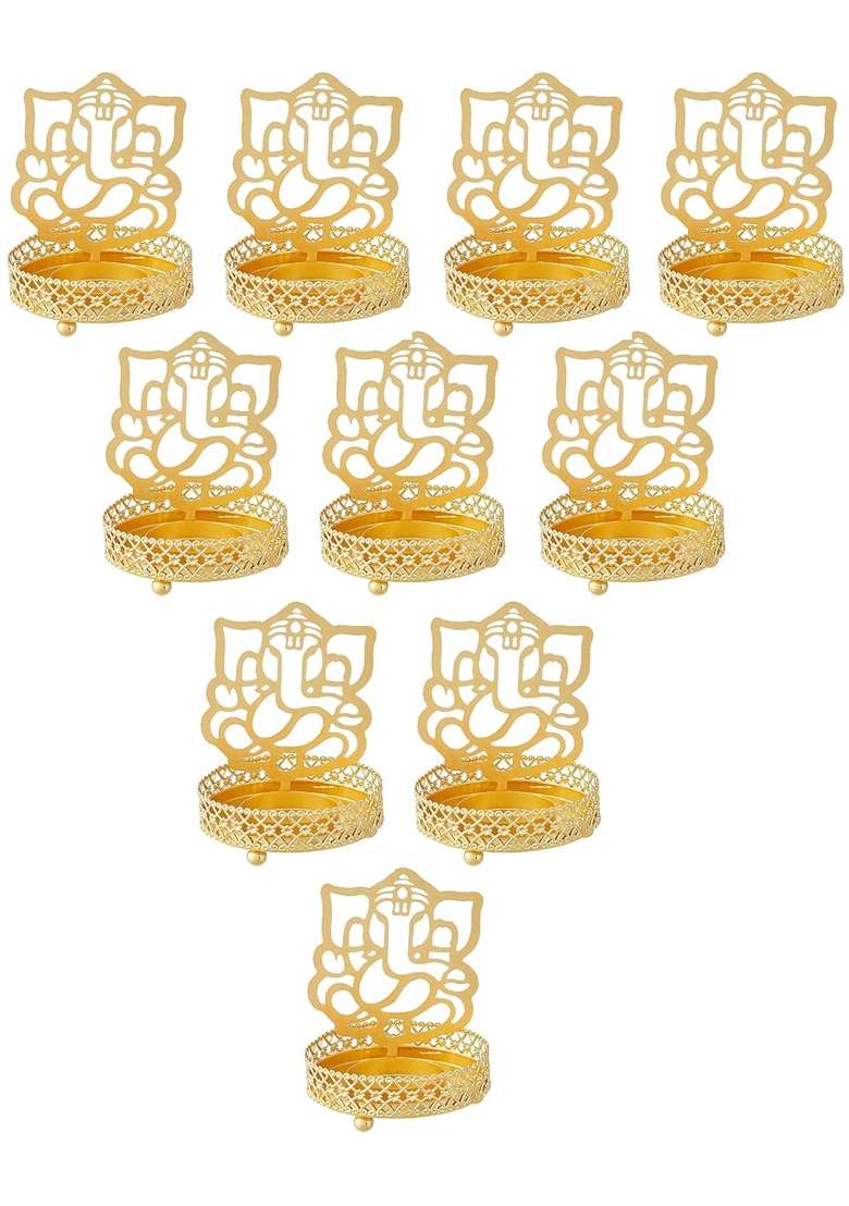 Dmoksh Gold Indian Art and Crafts Decorative Lord Ganesh Ganesha Shadow Tea Light Lamp Set of 10 - Indya