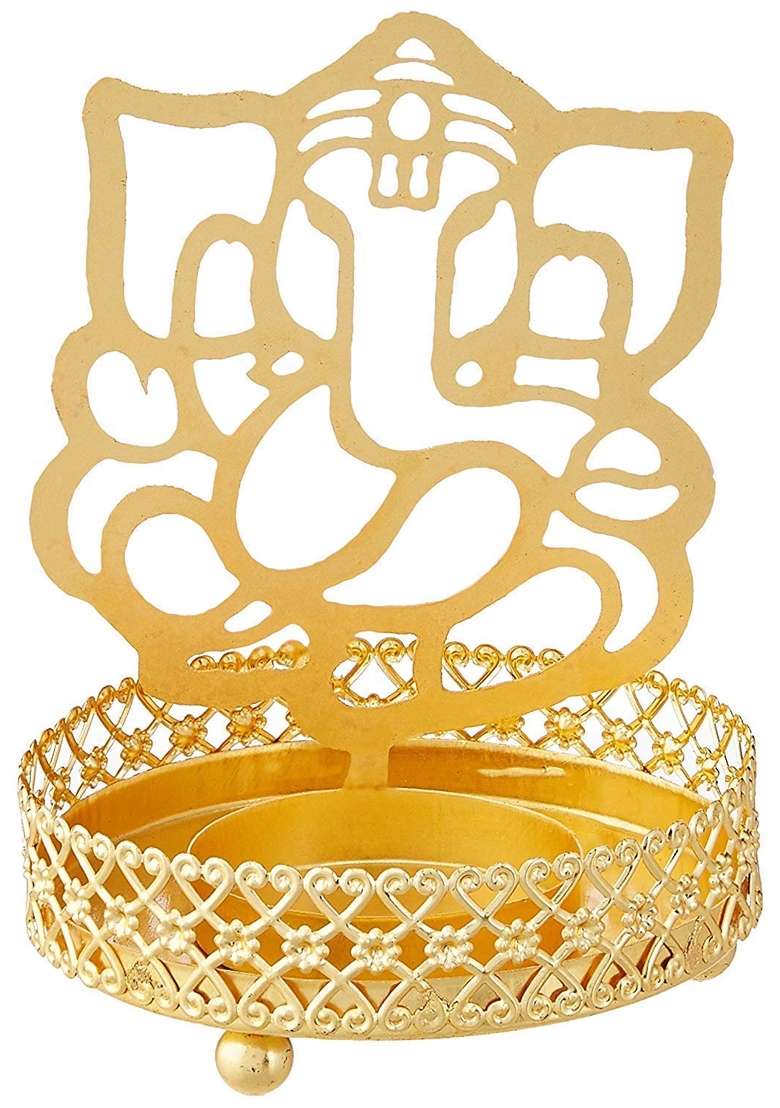 Dmoksh Gold Indian Art and Crafts Decorative Lord Ganesh Ganesha Shadow Tea Light Lamp Set of 10 - Indya