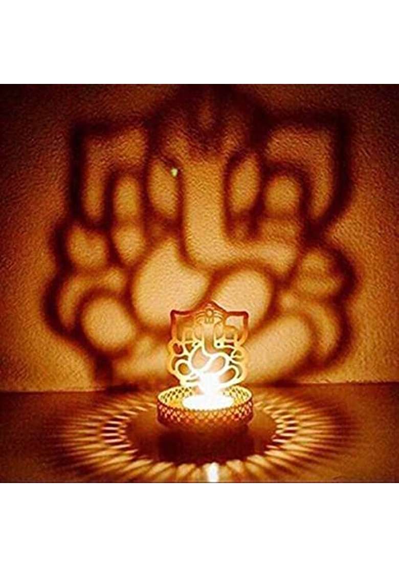 Dmoksh Gold Indian Art and Crafts Decorative Lord Ganesh Ganesha Shadow Tea Light Lamp Set of 10 - Indya