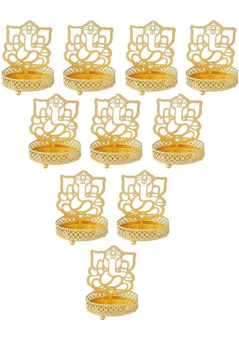 Dmoksh Gold Indian Art and Crafts Decorative Lord Ganesh Ganesha Shadow Tea Light Lamp Set of 10