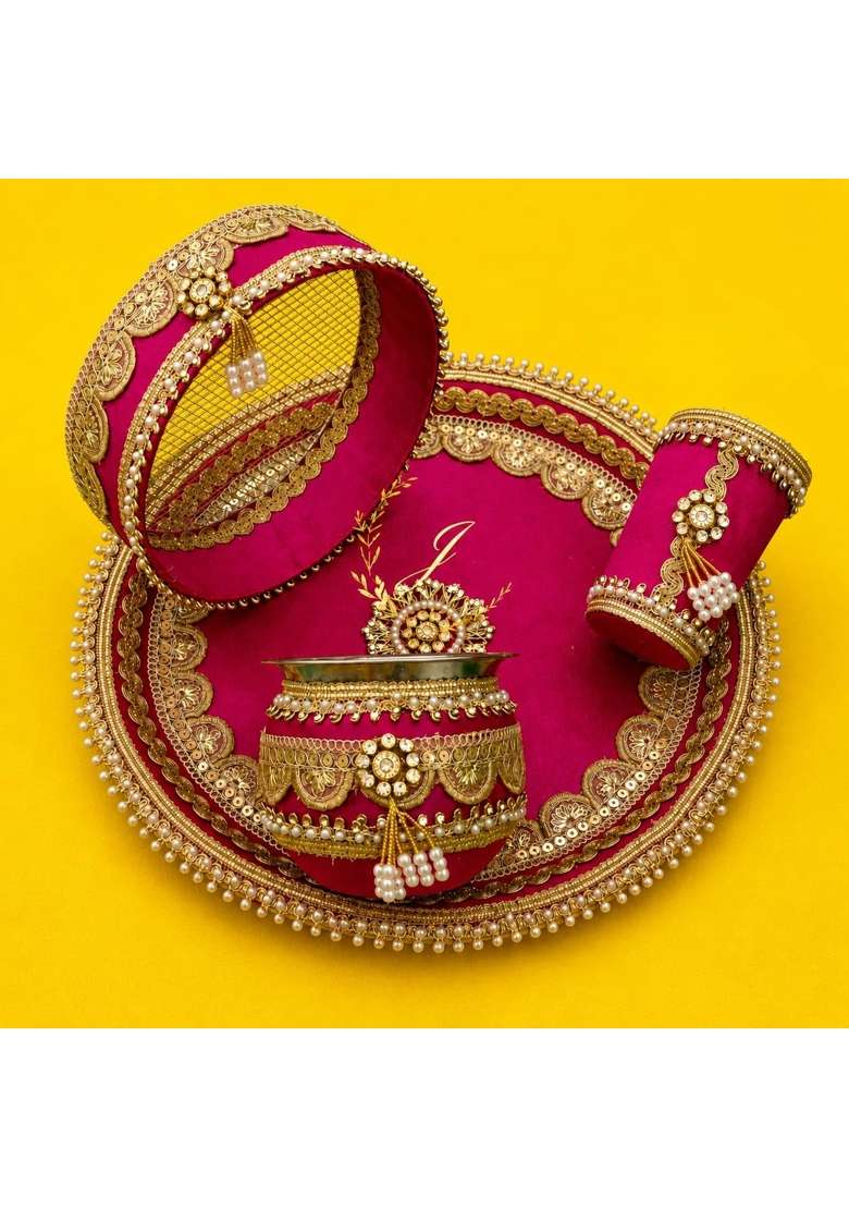 Multicolor Traditional Karwa Chauth Pooja Thali Set Festive Thali with Karwa Lota - Indya