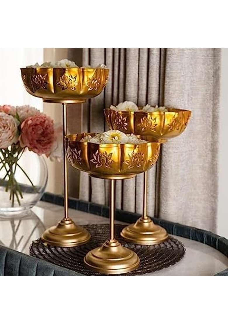 NK Handicrafts Standing Urli with Gold Finish Stand for Home Decor Gold Decorative for Floating Pack of 3 - Indya