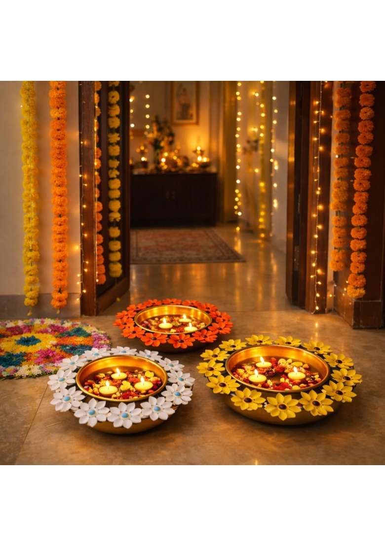Agaas Enterprises Golden Urli Bowl Decorative Flower Urli for Floating Diyas Candles Flowers Set of 3 - Indya