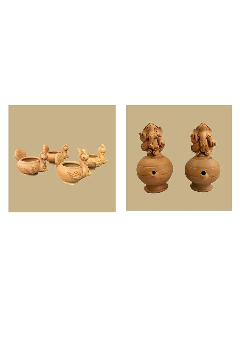 Terracotta Peacock Ganesh Magic Diya Combo for Pooja Decor Set of 6 - Indya