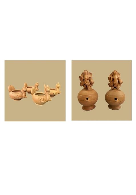 Terracotta Peacock Ganesh Magic Diya Combo for Pooja Decor Set of 6