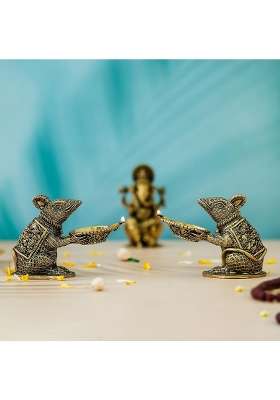 Tholiya Arts Gold Combo Pc Brass Mouse Diya for Daily Puja Mushak Raj Deepak for Mandir Temple Pooja Set of 2