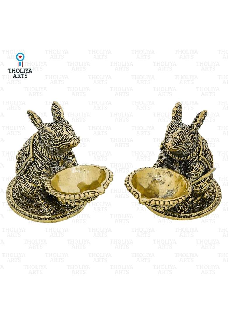 Tholiya Arts Gold Combo Pc Brass Mouse Diya for Daily Puja Mushak Raj Deepak for Mandir Temple Pooja Set of 2 - Indya
