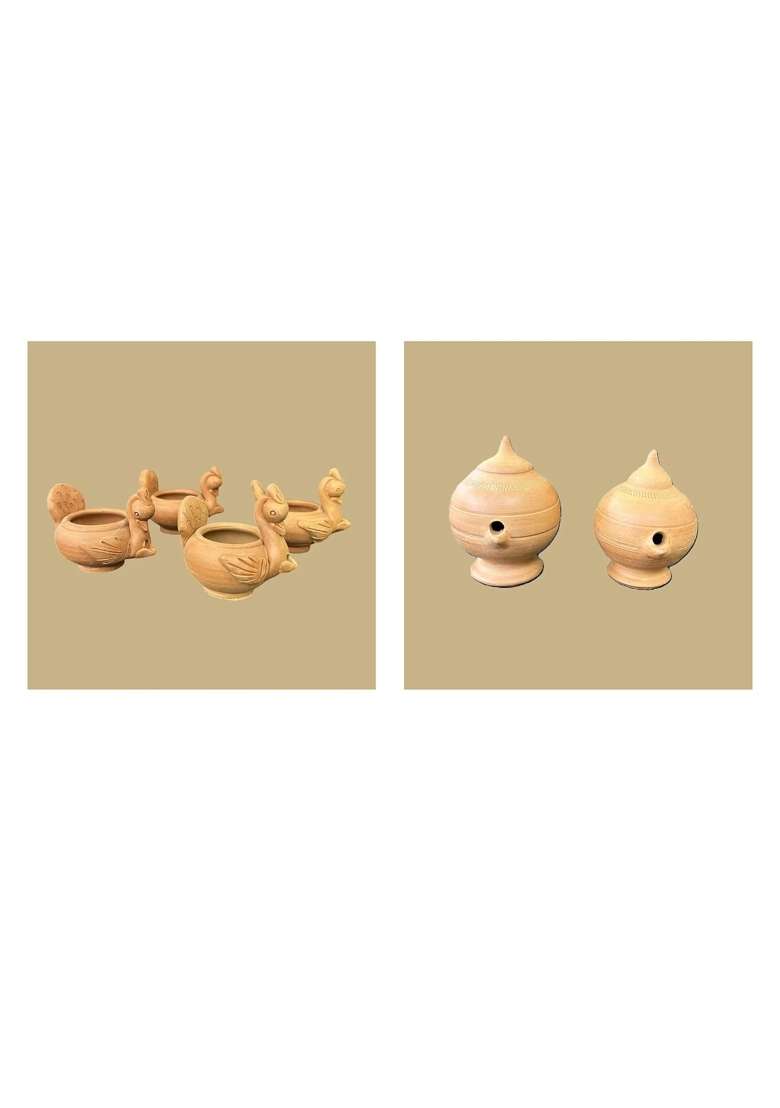 Terracotta Peacock Plain Magic Diya Combo for Pooja Decor Set of 6 - Indya